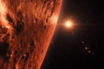 Vista justo acima da superfície de um dos planetas no sistema Trappist-1