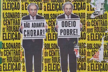 Lambe-lambes com imagens do ministro Paulo Guedes espalhados pela avenida Faria Lima, na zona oeste de São Paulo, coração do centro financeiro brasileiro