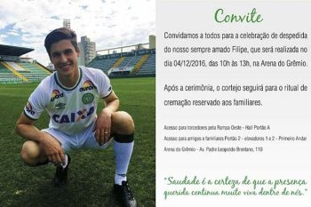 Convite para cerimônia de despedida de Filipe Machado na Arena do Grêmio foi distribuído pela família
