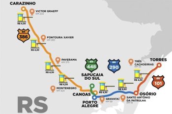 No mapa estão as localizações das atuais duas praças de pedágio da Freeway - que terão reajuste nas tarifas, no mês que vem - e as cinco futuras praças de cobrança, nas BR-386 e BR-101.