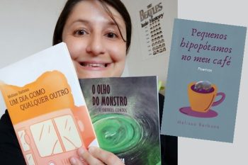 A escritora canoense Melissa Barbosa com seus dois livros anteriores e o novo, ’Pequenos hipopótamos no meu café’, lançado em formato e-book. Foto: Reproduções/Facebook